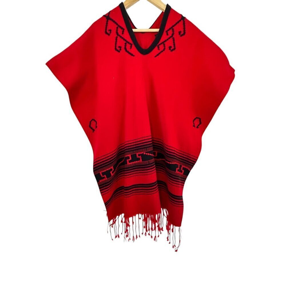 Vintage‎ Red & Black Woven South Western Poncho | One Size | Traditional